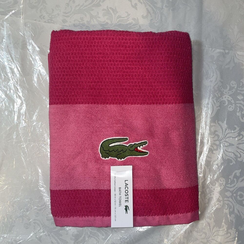Lacoste Bath Towel 100% Cotton Loops Colorblocked Magenta Pink 30x52 OEKO-TEX